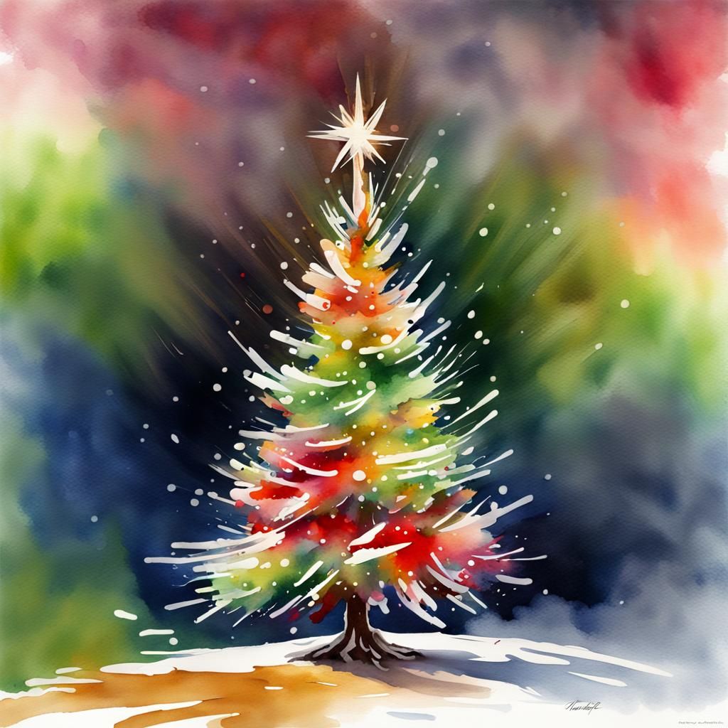Christmas Tree in Watercolor Splash Art Style