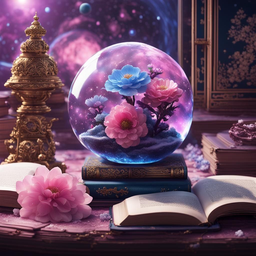 Fantastical Vintage Book with Space and Floral Elements