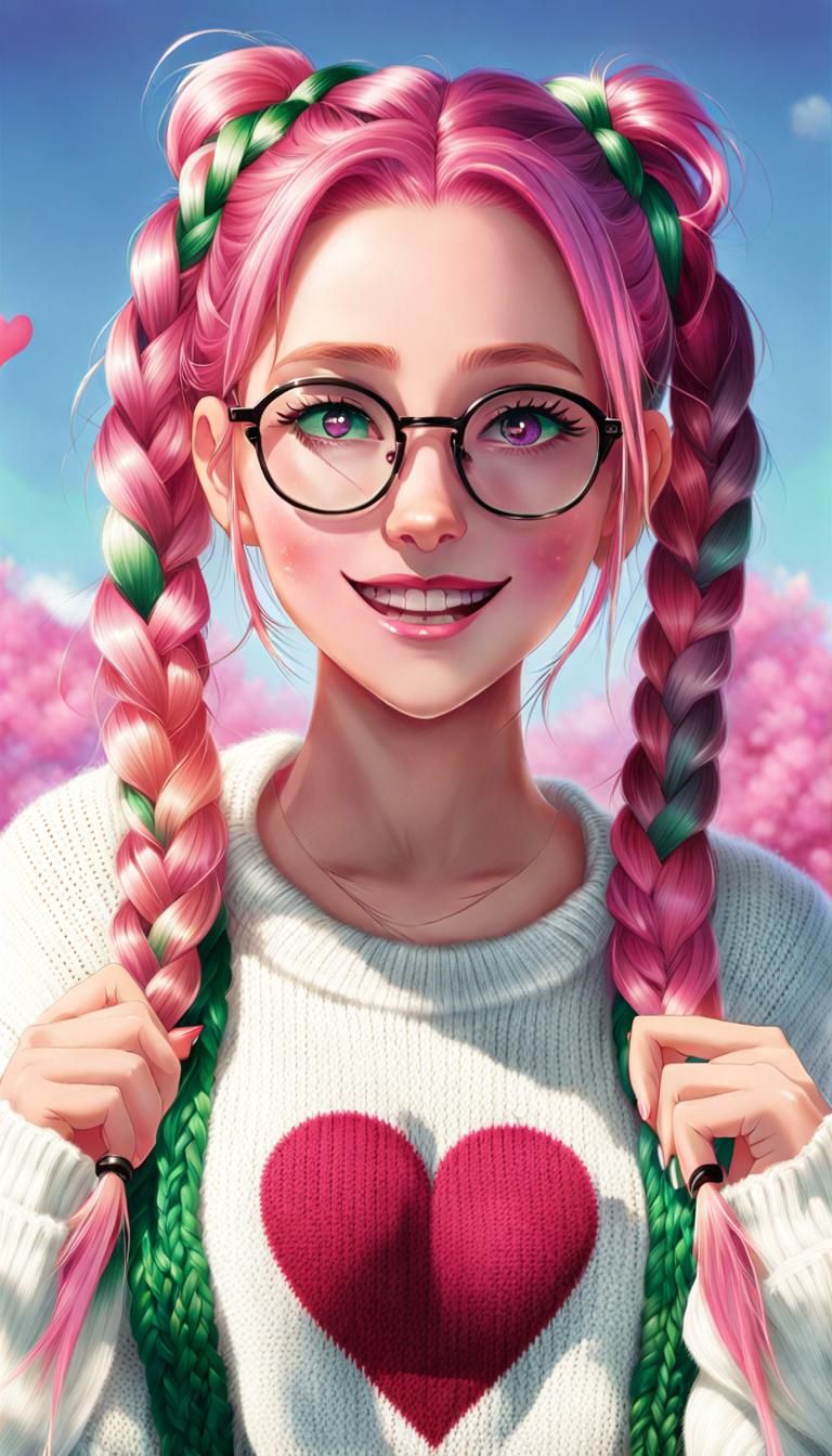 Girl with Multicolored Hair and Heart Glasses