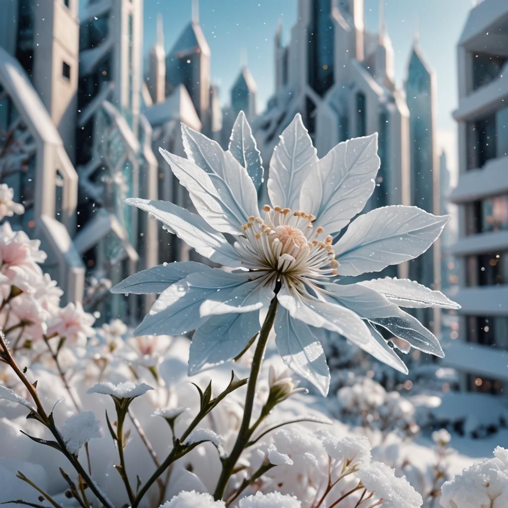 Delicate White Flower in Futuristic Snowscape