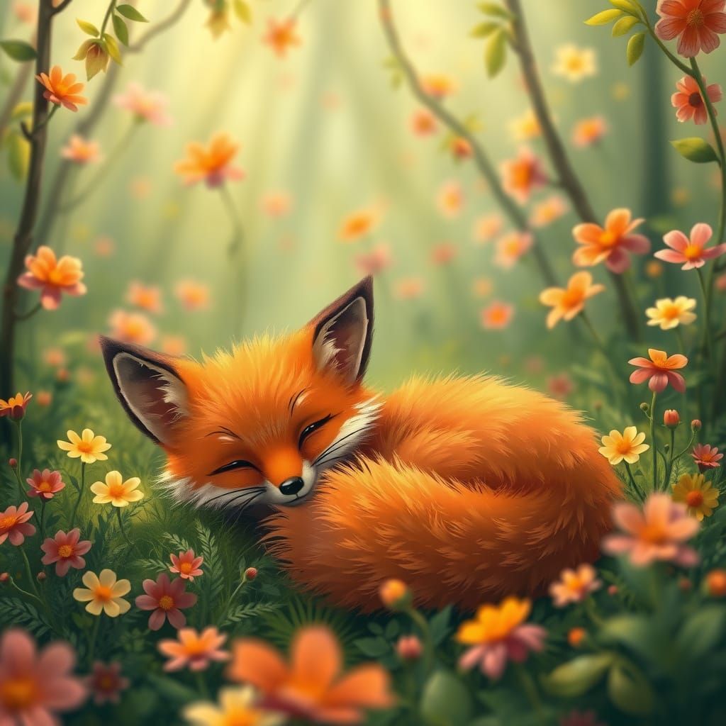 Red Fox Lounging in Lush Flower Forest