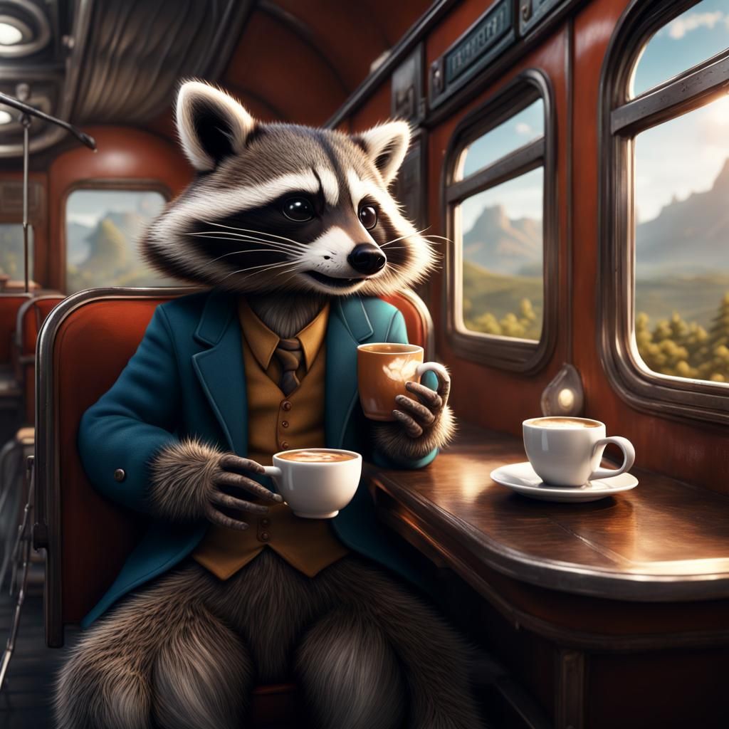 Raccoon Enjoys Coffee: Detailed Matte Painting