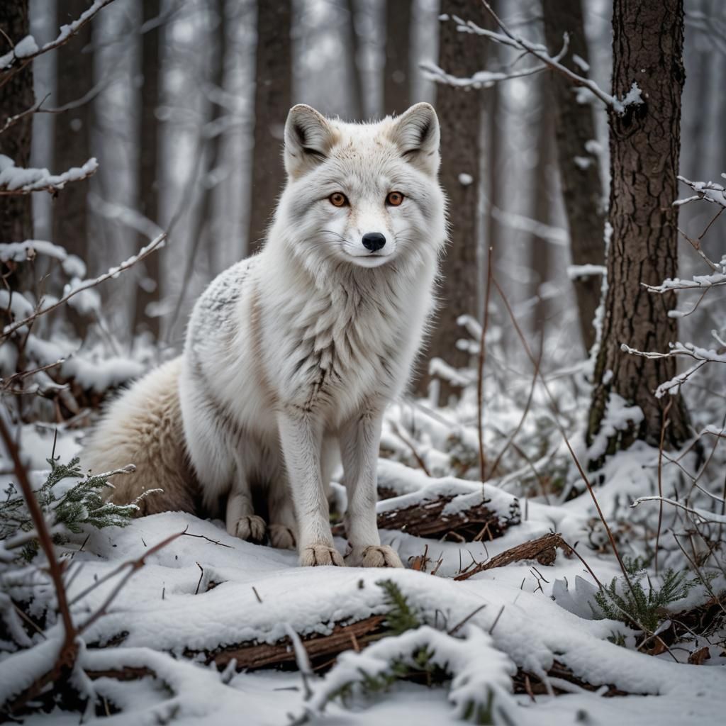 Arctic Fox in Winter Woods: Hyperrealistic 64MP