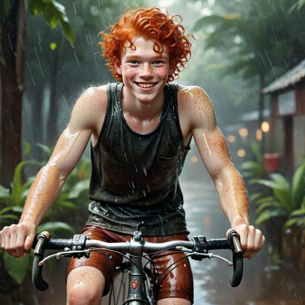 Redhead Boy Biking in Summer Rain Portrait