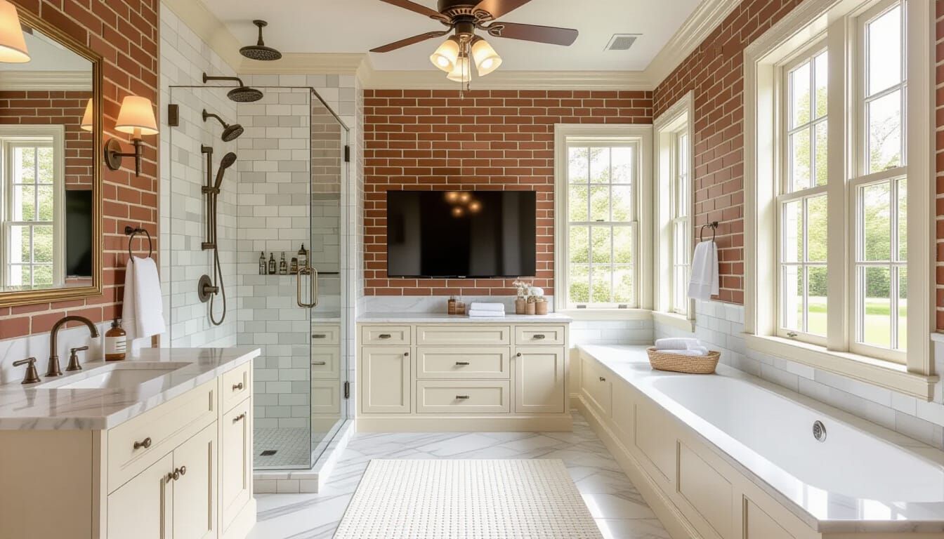 Vibrant Victorian Bathroom with Marble and Brick Wallpaper