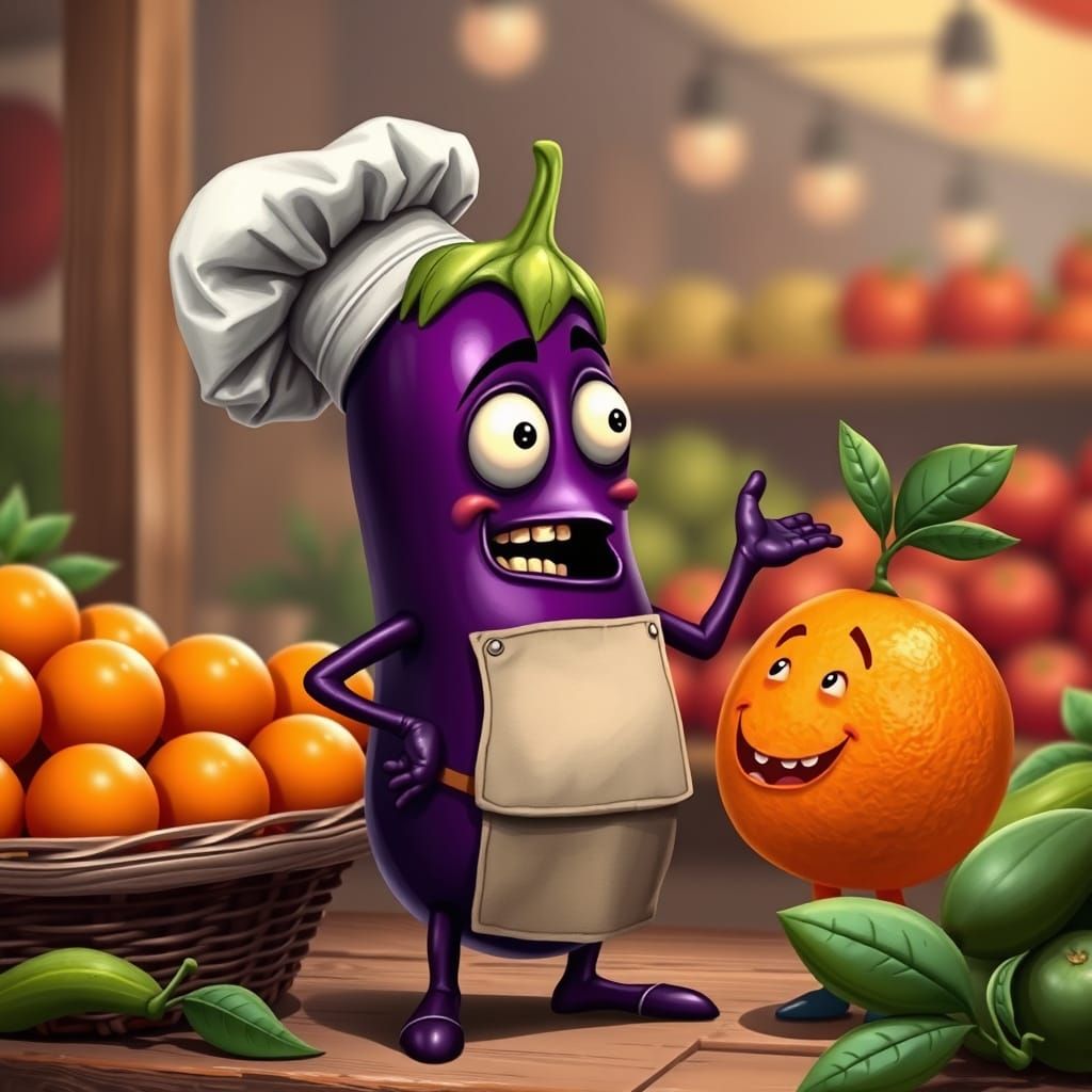 Eggplant Chef Debates Orange in Whimsical Farmer's Market Sc...