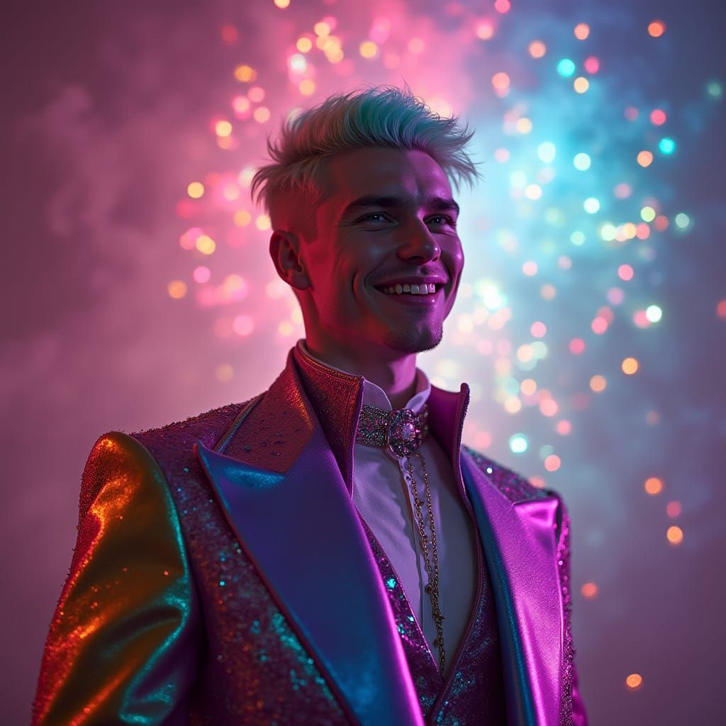 Ethereal Rainbow Warrior in Cosmic Spotlight