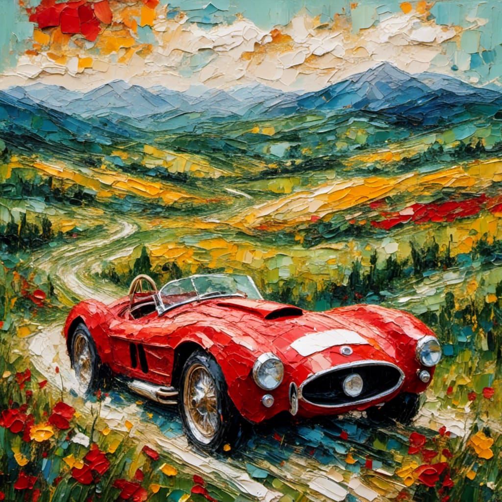 Vintage Race Car Speeding Through Green Countryside