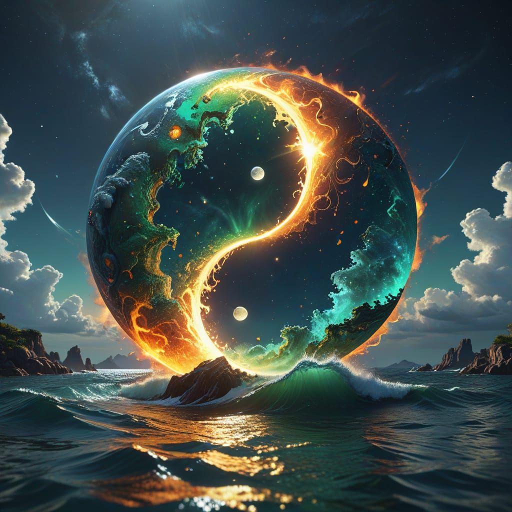Yin Yang Symbol with Contrasting Fantasy Landscapes