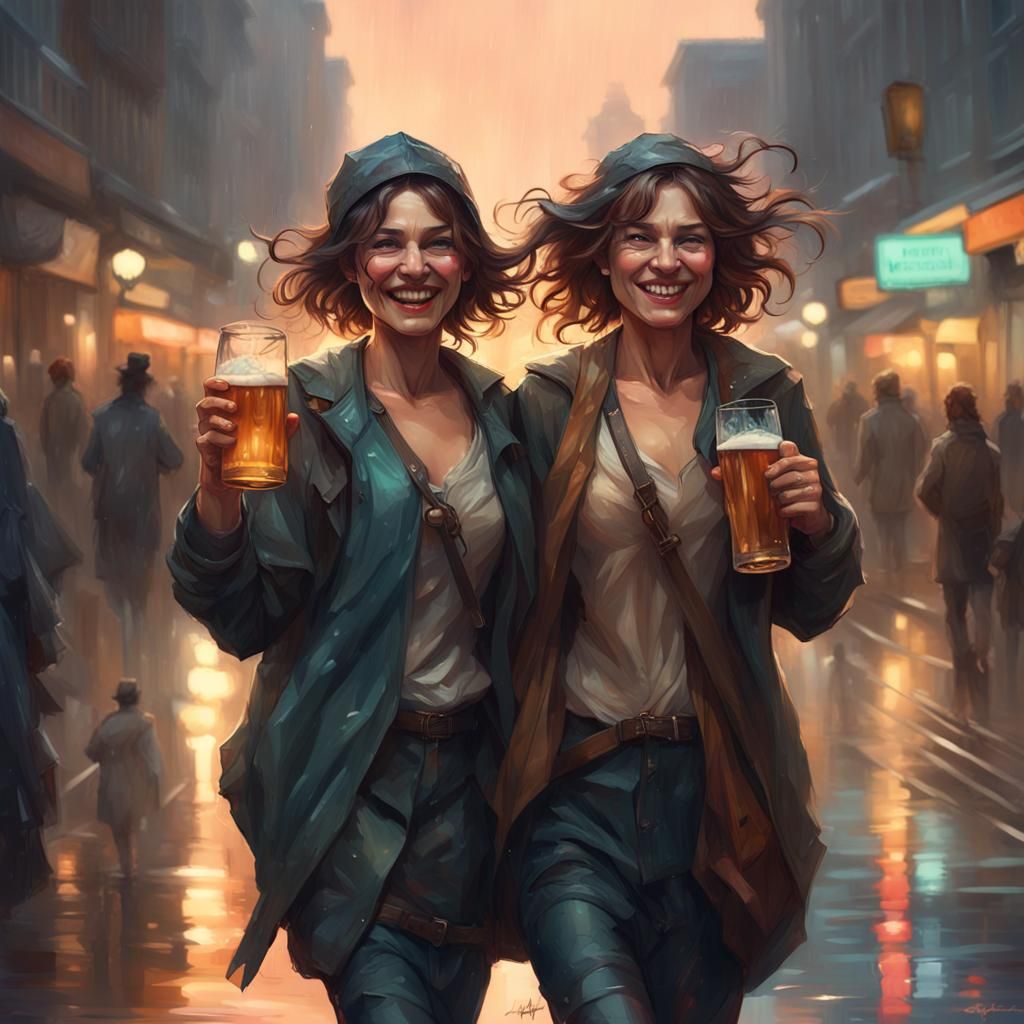Rainy Night Out: Two Friends in Digital Portrait