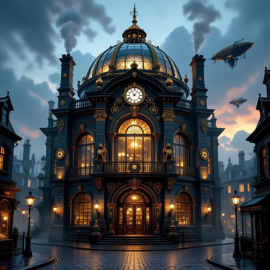 Steampunk Library with Gears and Airships