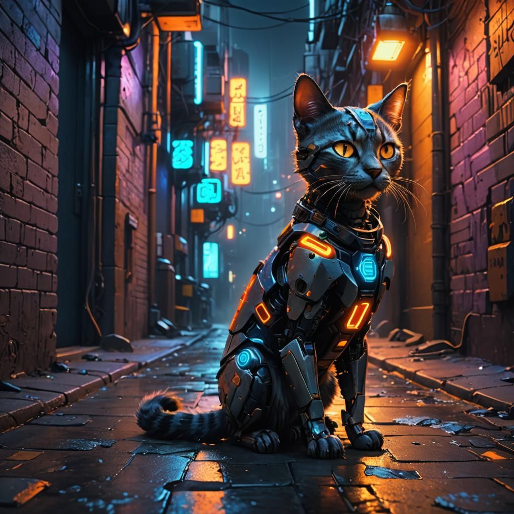 Cyberpunk Robot Cat in Neon Alleyway