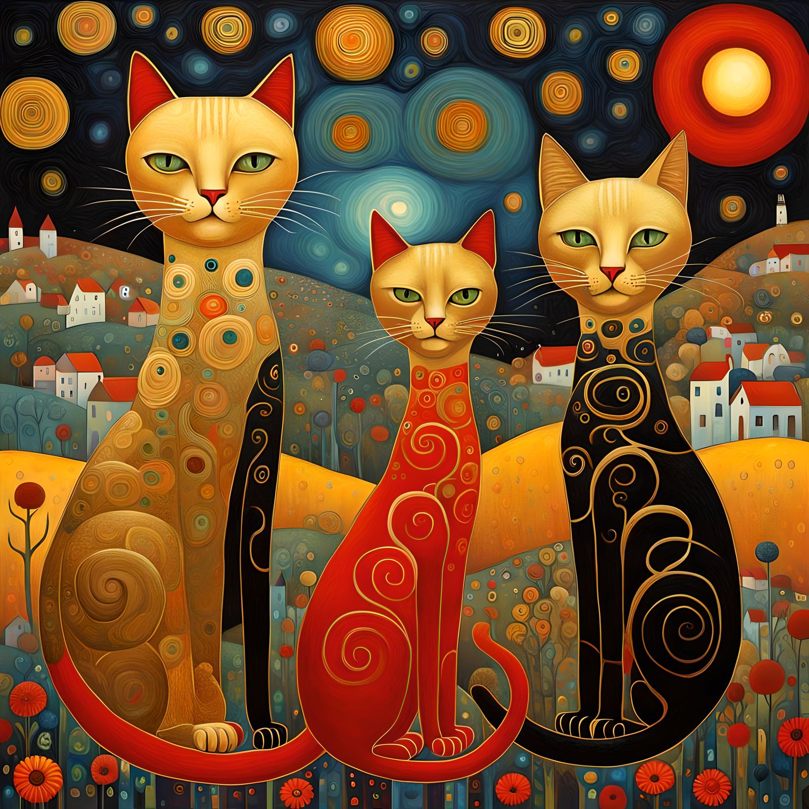 Anthropomorphic Cats in Klimt Style: A Surreal Dream