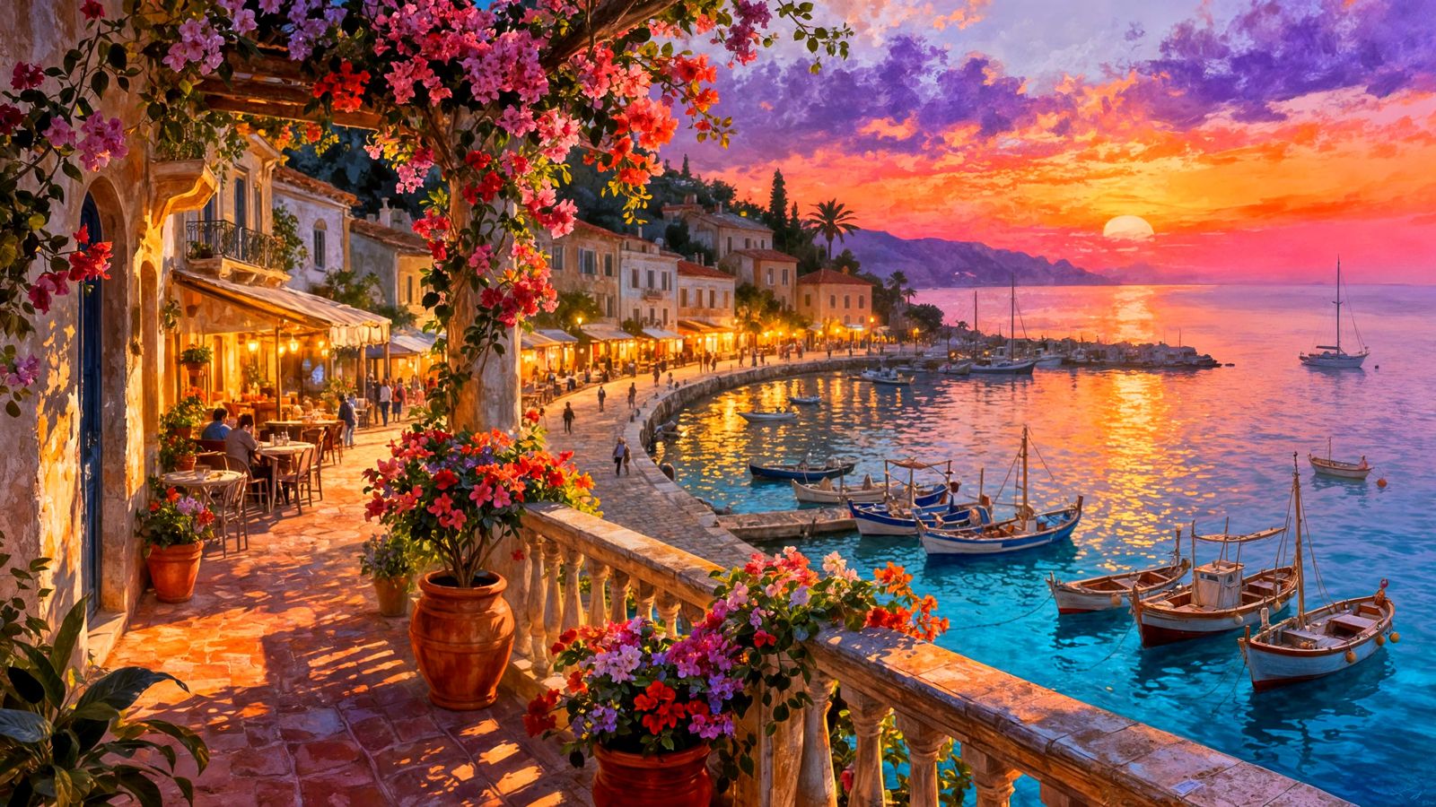 Mediterranean Sunset Harbor Scene in Digital Painting Style