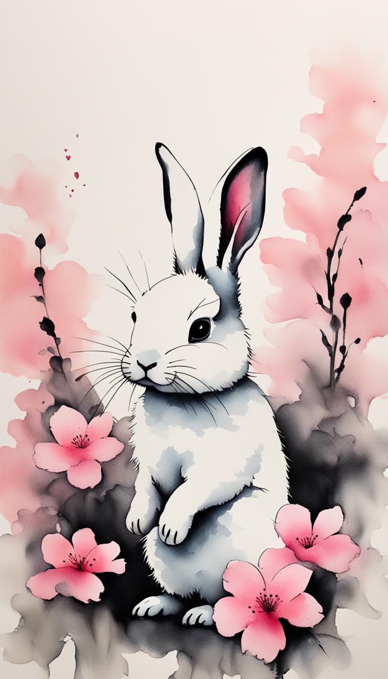Minimalist Chinese Ink Painting of a White Rabbit