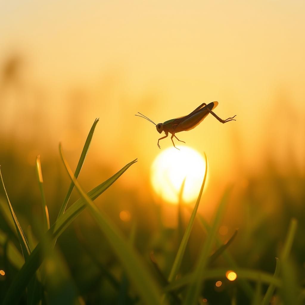 Grasshopper Leaping in Lush Meadow at Sunrise