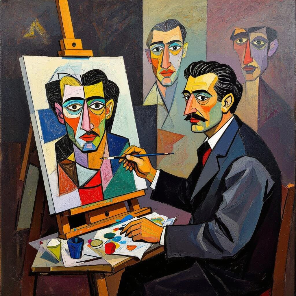 Cubist Painter at Easel in Surreal Style