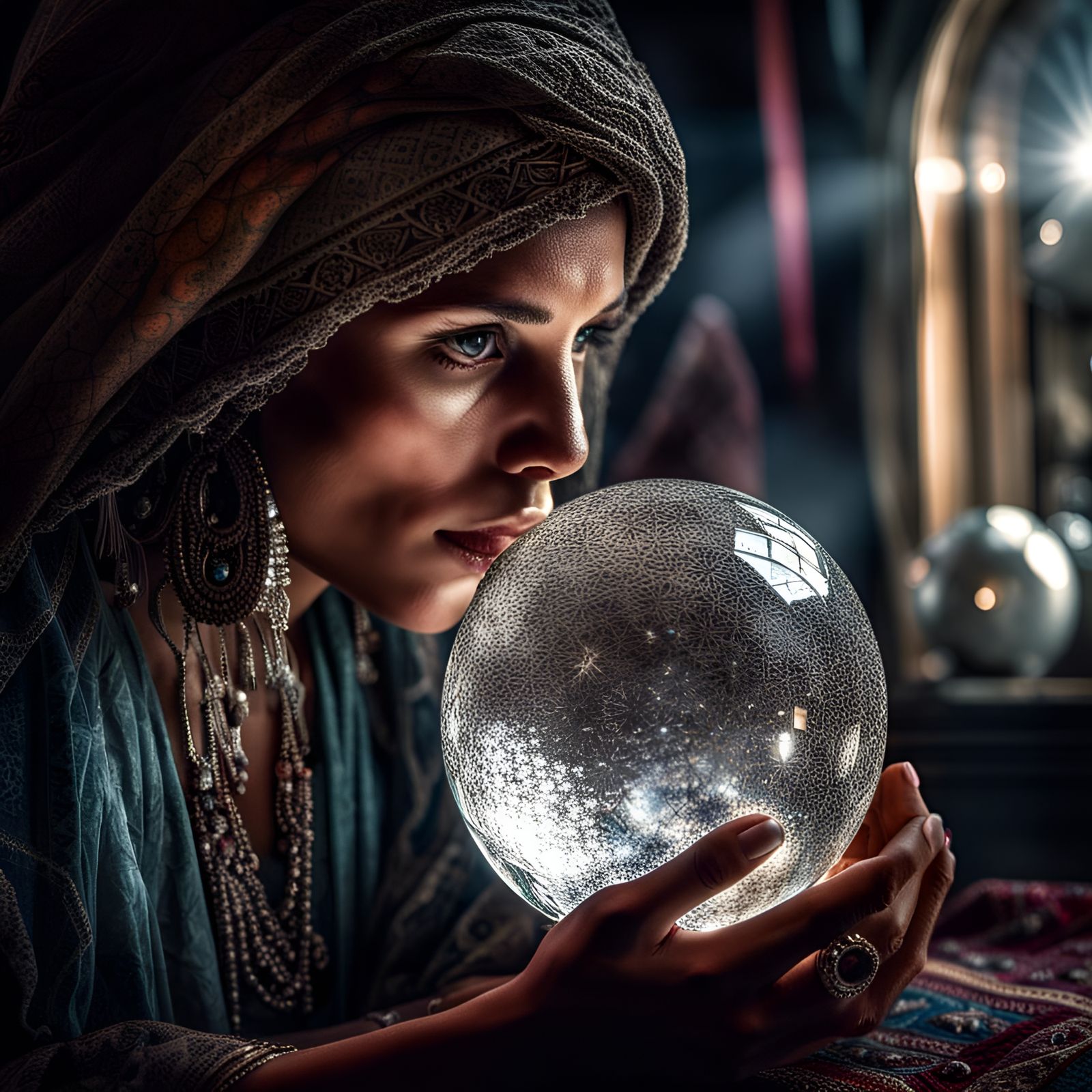 Mystical Gypsy Woman Gazing into Crystal Ball