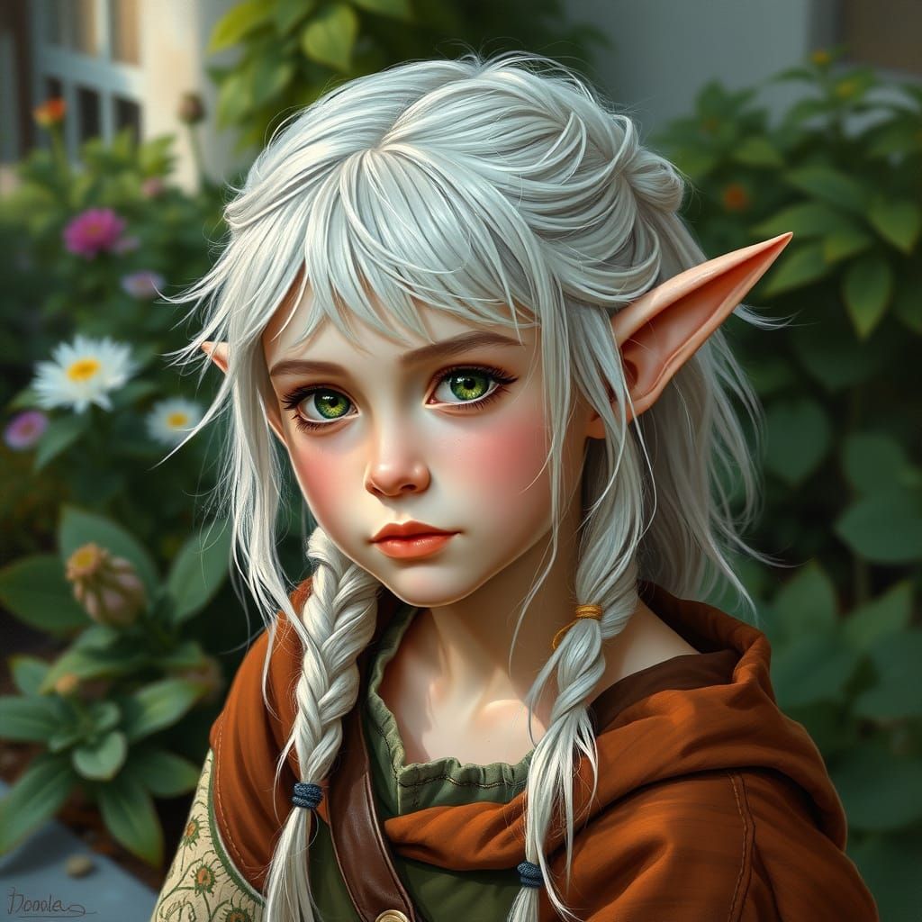 Snow-Haired Elf Girl in Garden, Hyperrealistic Oil Painting