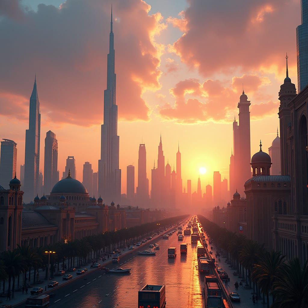 Ethereal Dubai Cityscape at Sunset, Futuristic yet Tradition...