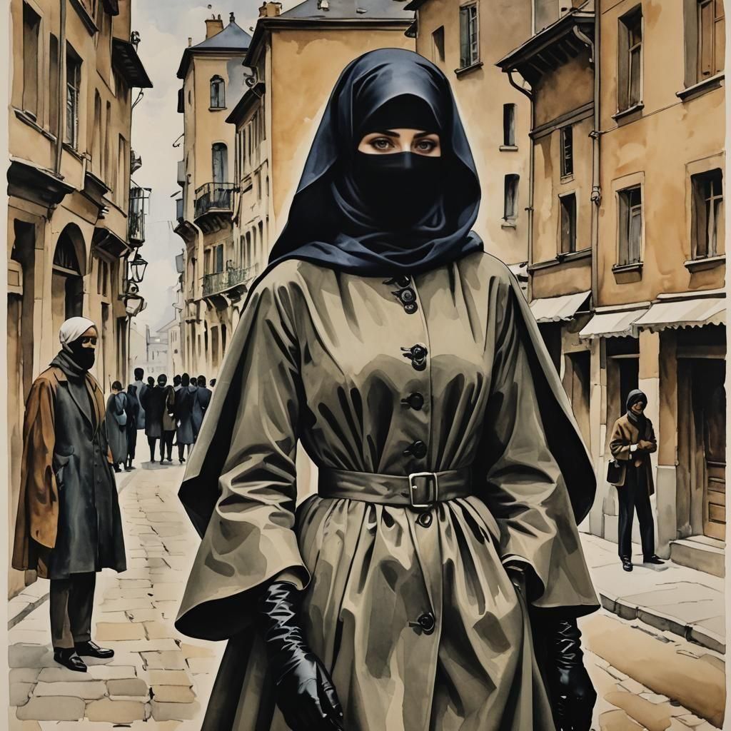 Niqabi Woman in City, Gouache Ink Print