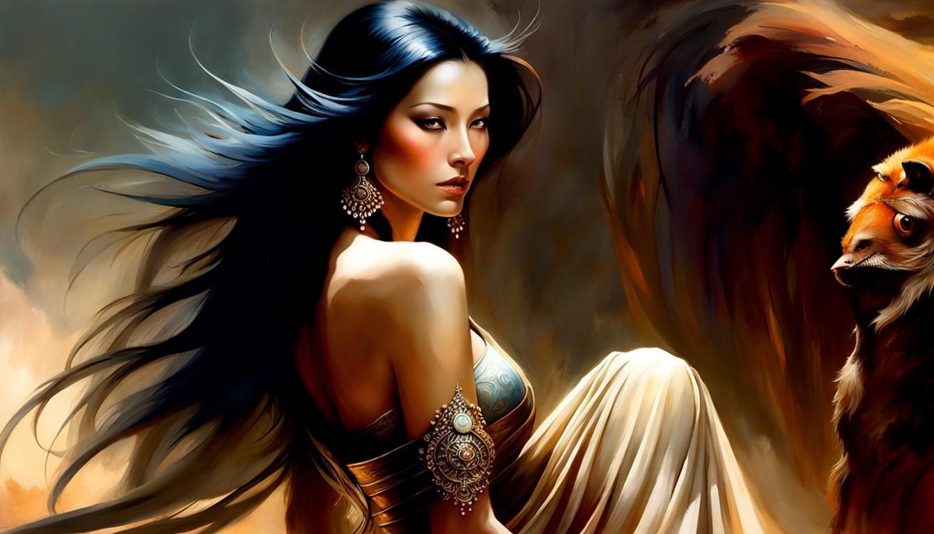 Asian Woman in Desert Fleeing Monster, Oil Painting