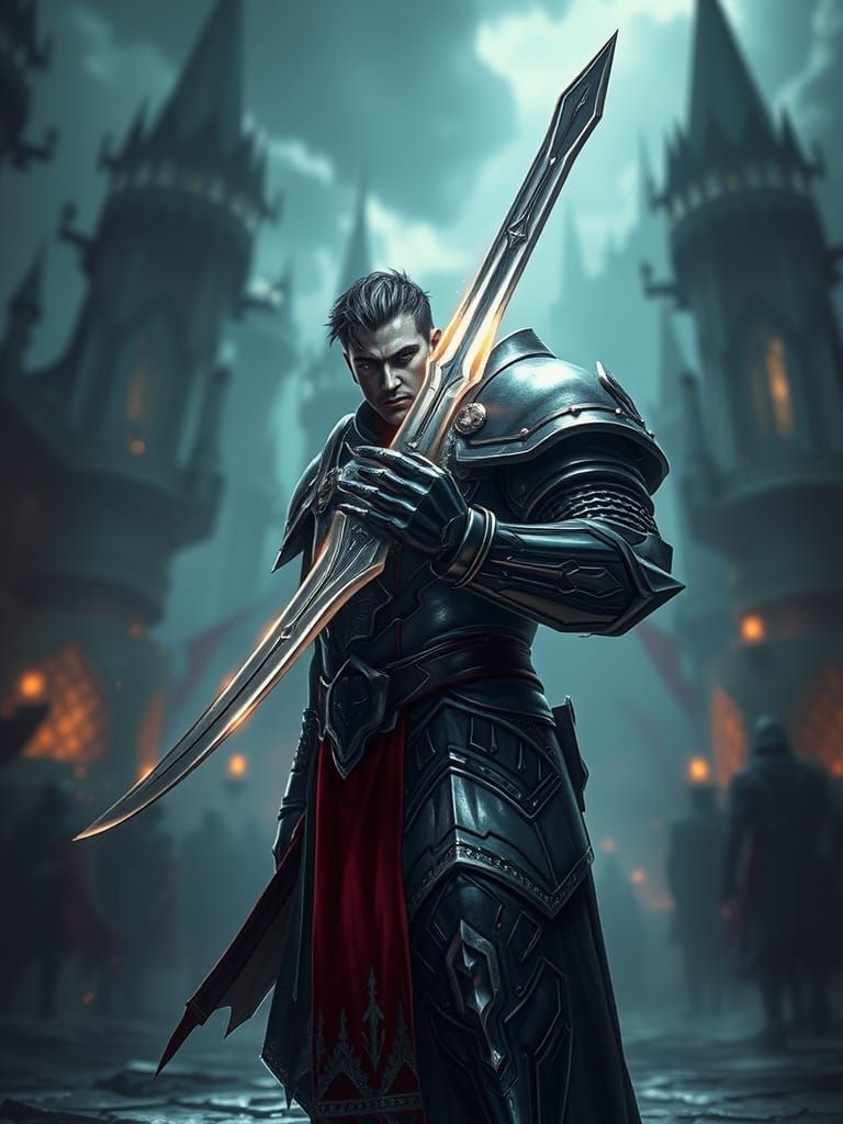 Armored Knight in Dark Fantasy City, Concept Art