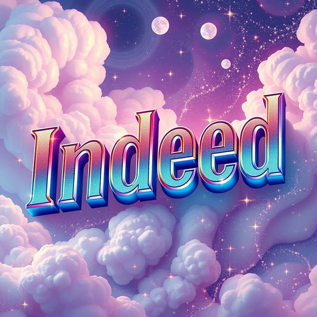 "Indeed" in Radiant 3D Font with Dreamlike Backdrop