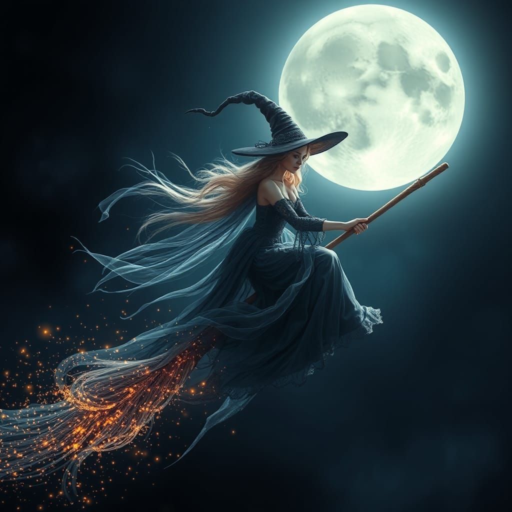 Ethereal Witch on Broom with Glittering Sparks