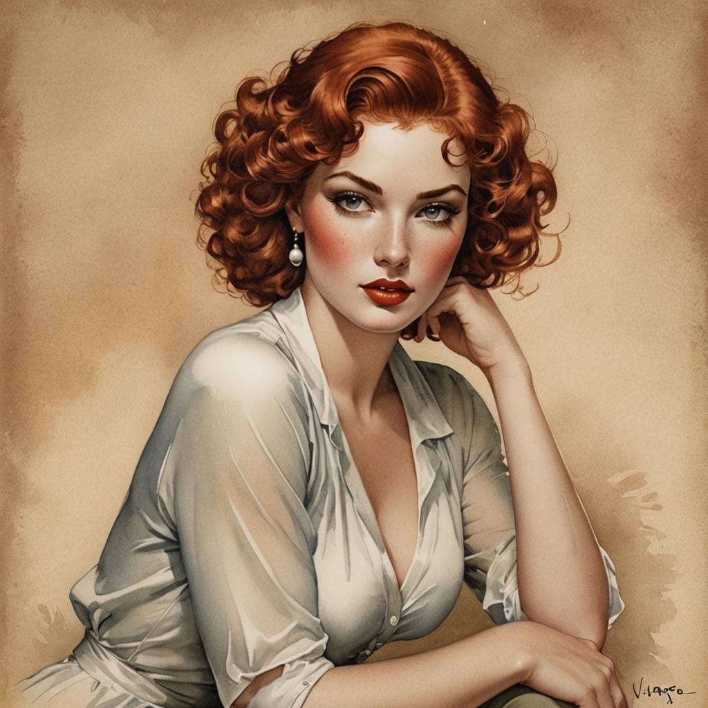 Suggestive Vargas Girl Portrait in Watercolor Style