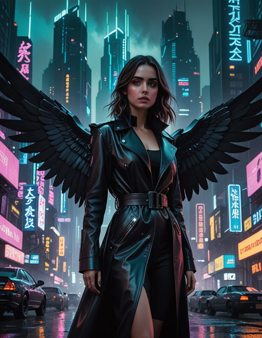 Cyberpunk Angel in Neon Cityscape
