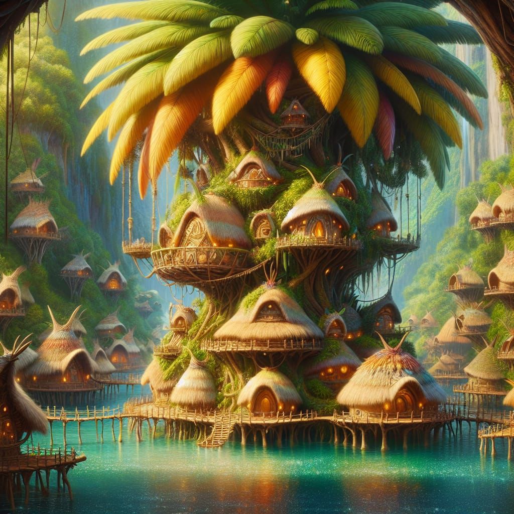 Tropical Pixie Village in Palm Tree, Fantasy Scene