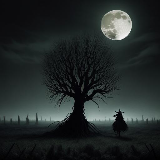 Gothic Scarecrow Under Full Harvest Moon in Digital Art