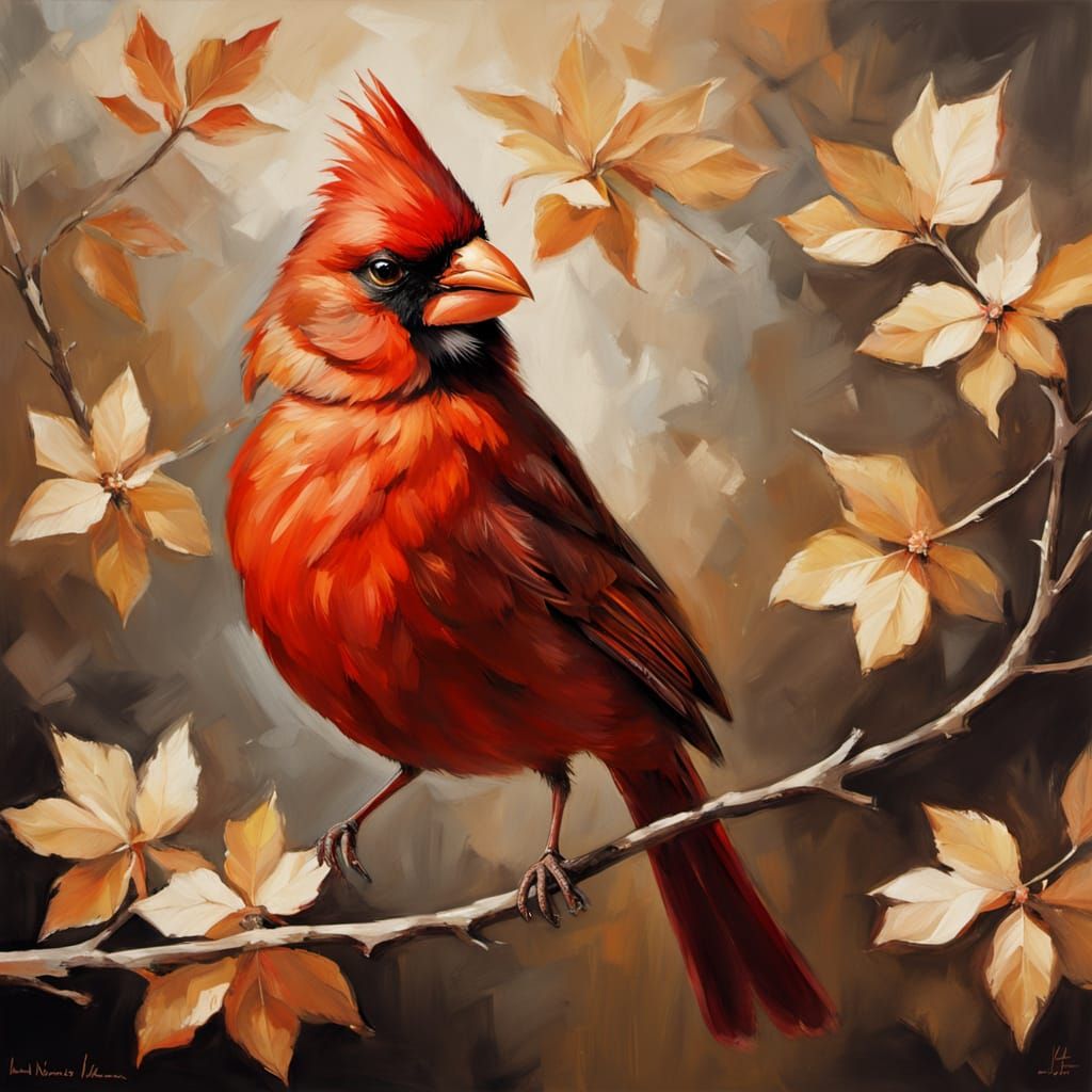 Vibrant Cardinal Perched on Delicate Branch in a Kaleidoscop...