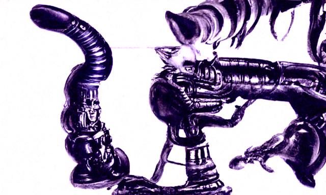 Surreal Furry Character Smoking on Saturn, Giger Style