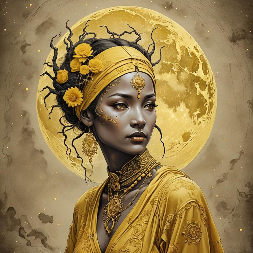 Ethereal Portrait of Cancer Woman Under Yellow Moon