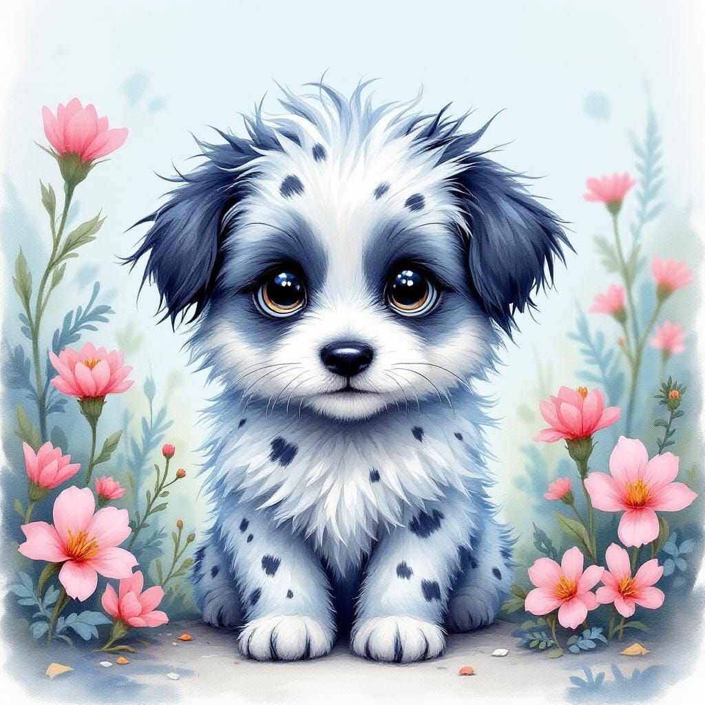 Blue Puppy with Pink Flowers in Watercolor Style