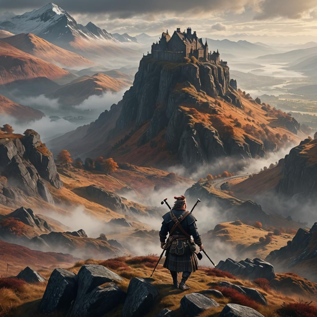 Scottish Highlander in Kilt, Foggy Autumn Landscape