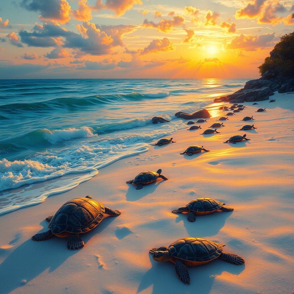 Sea Turtles Return at Dawn: Impressionistic Oil Painting