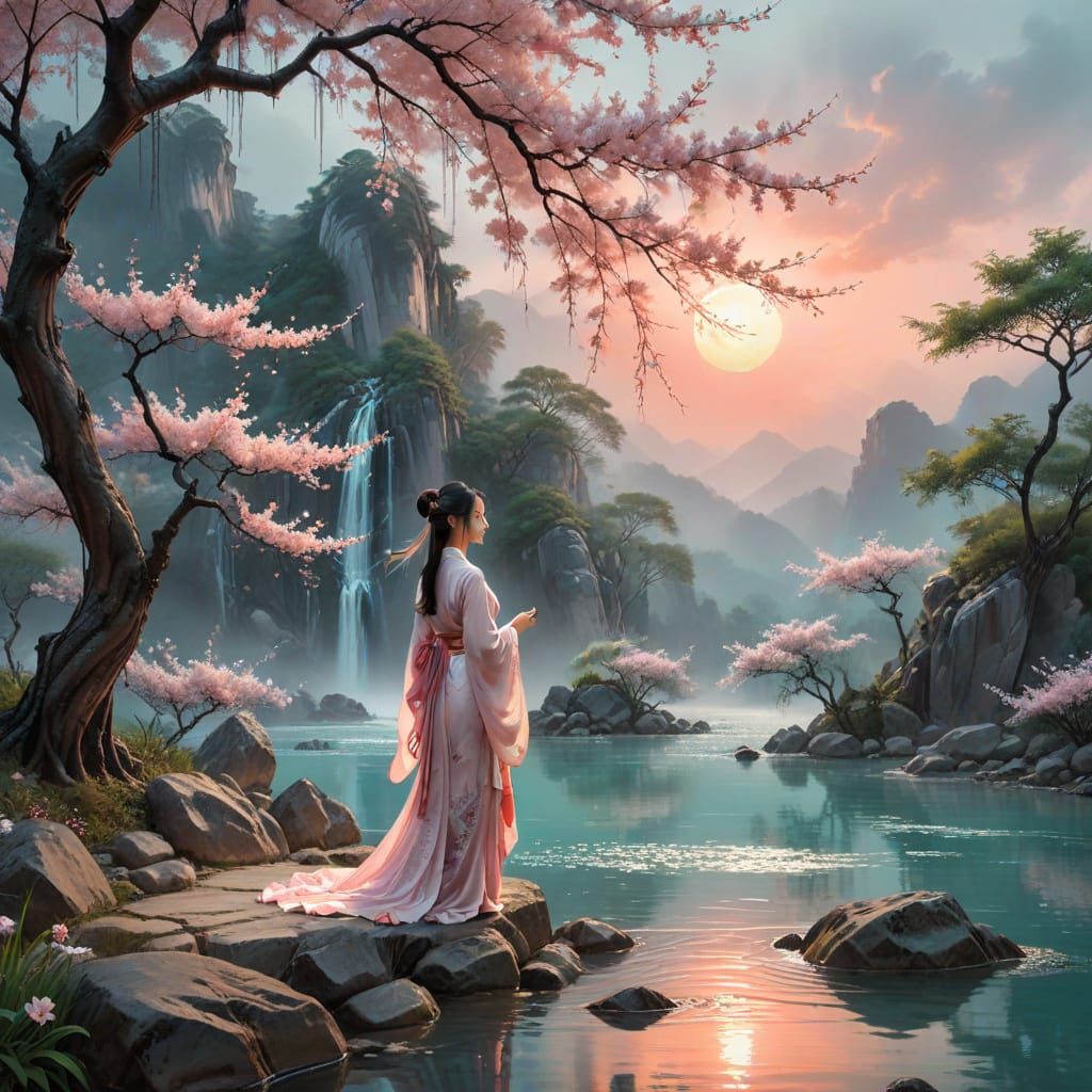 Woman in Hanfu by Koi Pond: Chinese Ink Wash