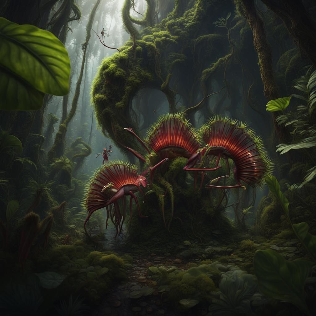 Venus Flytrap Hunting in Rainforest: Detailed Matte Painting