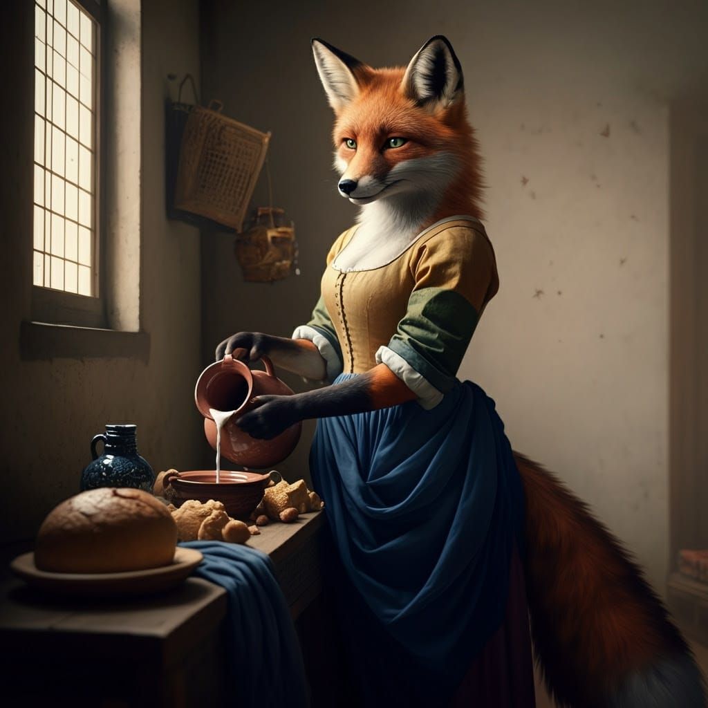 Majestic Fox in 17th-Century Dutch Kitchen, in Hyper-Realist...