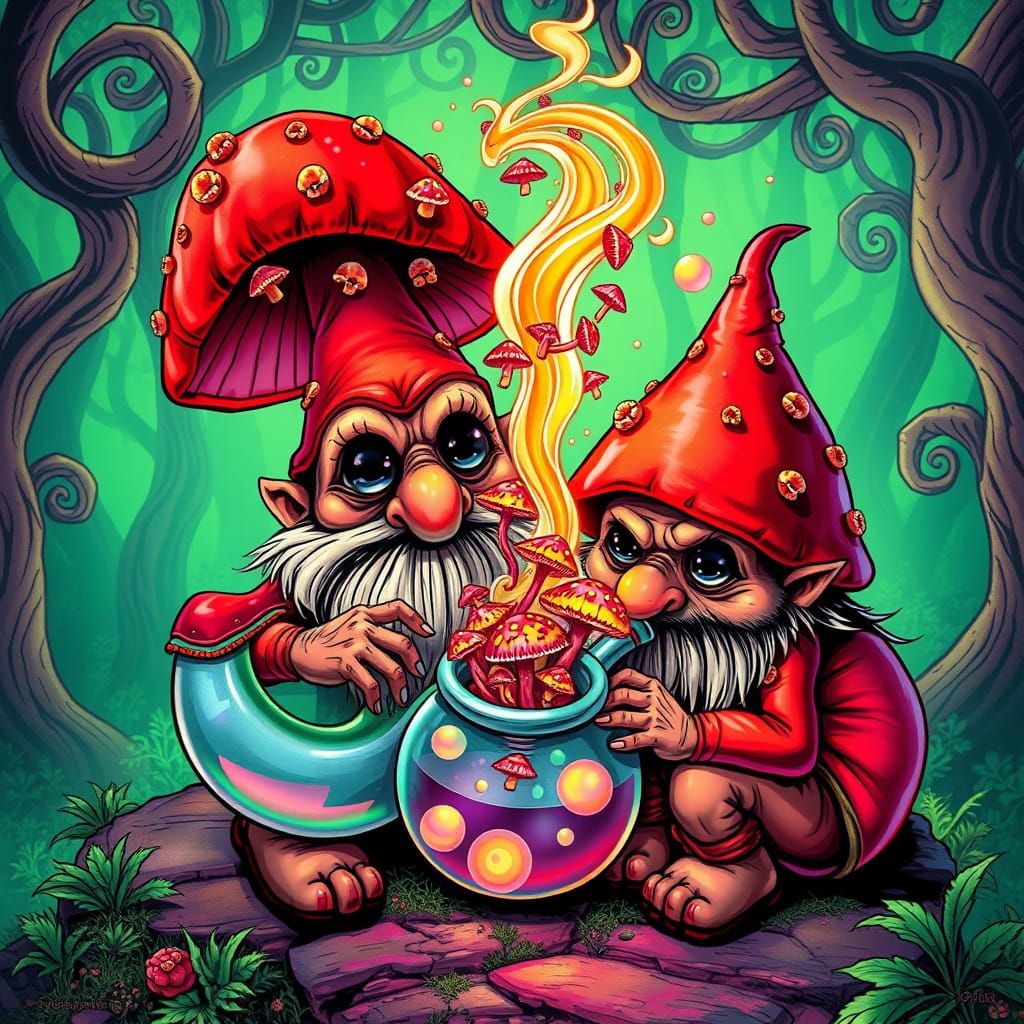 Grotesque Dwarfs in Whimsical Mushroom Hats