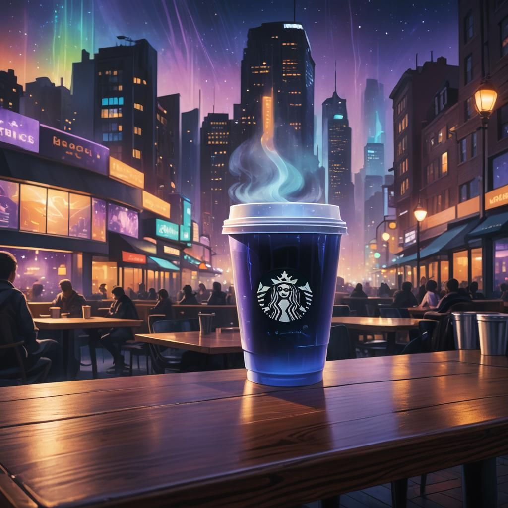 Starbucks Cup Amidst Luminescent Cityscape, in Matte Paintin...