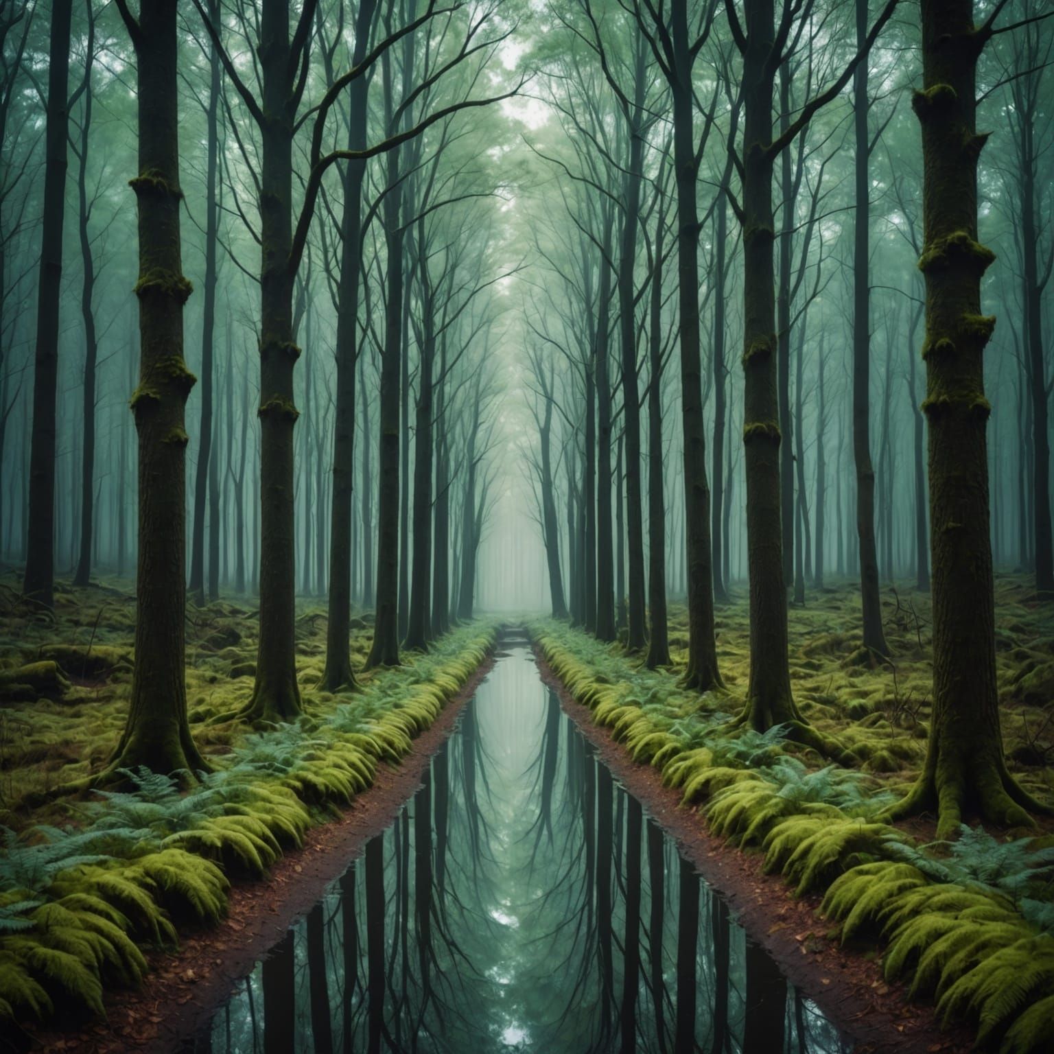 Mystical Forest Pathway with Ethereal Reflection