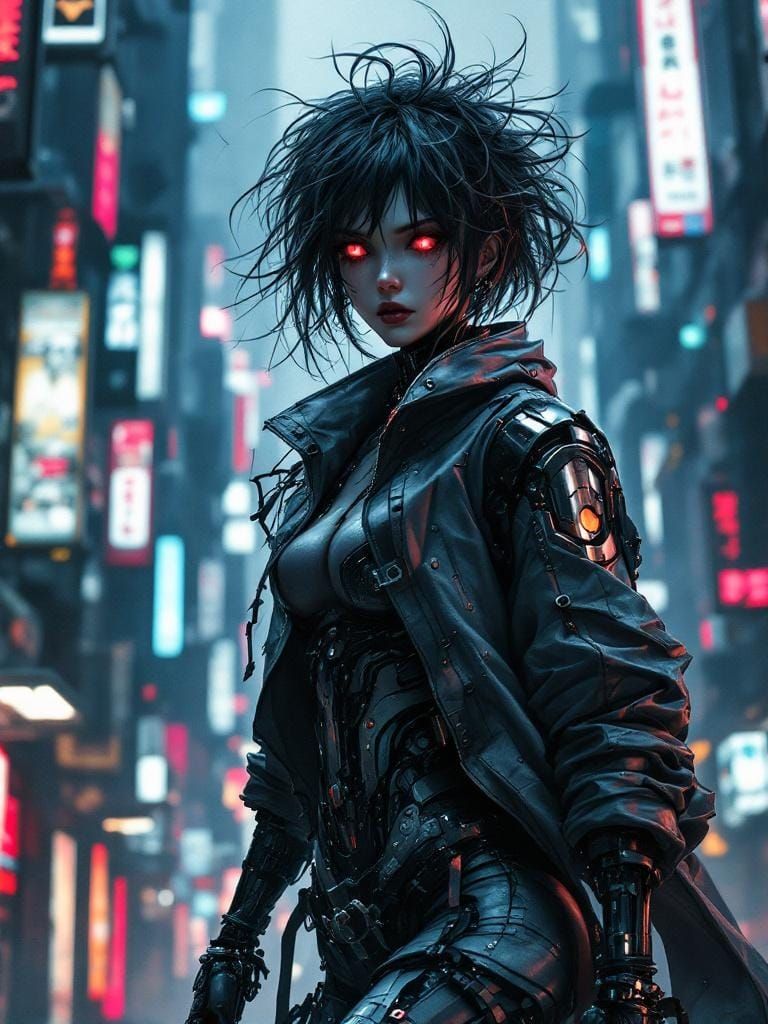 Cyberpunk Android in Neon Cityscape: Anime Key Visual