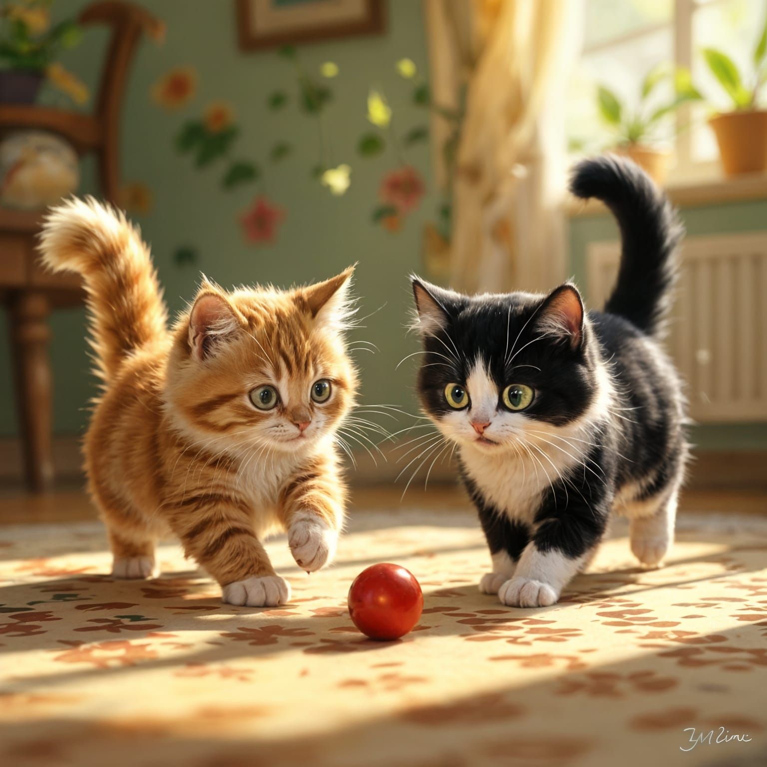 Playful Cats Chasing Ball in Sunlit Room