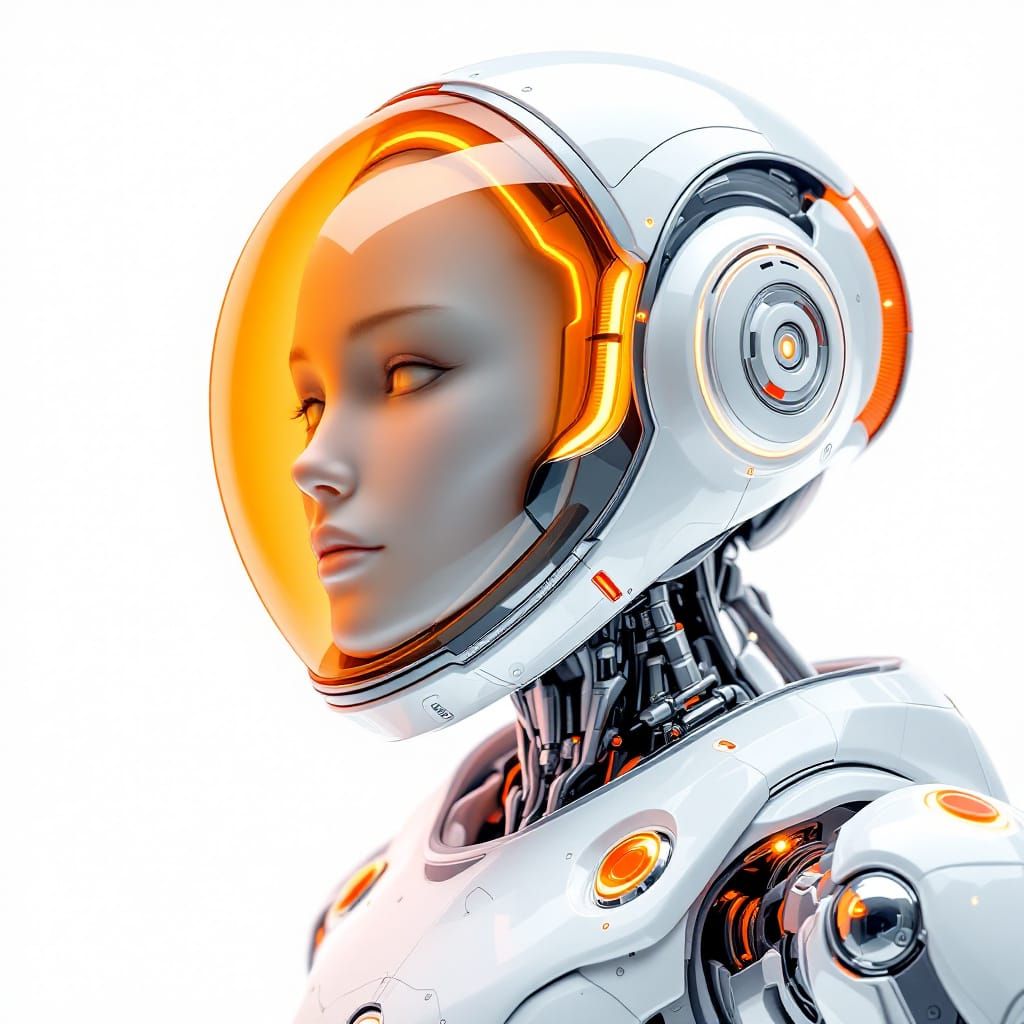 Futuristic Robot Explorer in Sleek White Suit with Orange Ac...