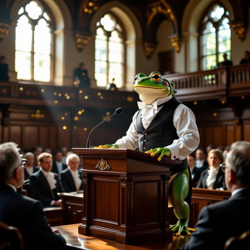 Mr Frog Addresses Parliament in Realistic Style