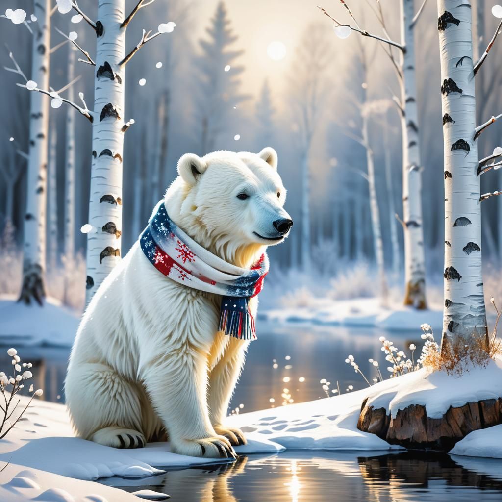 Chibi Polar Bear in Snowy Forest, Impasto Watercolor